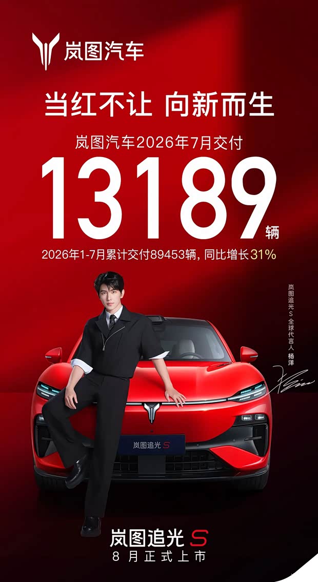 岚图汽车7月交付13189辆 岚图追光S将于8月15日正式上市